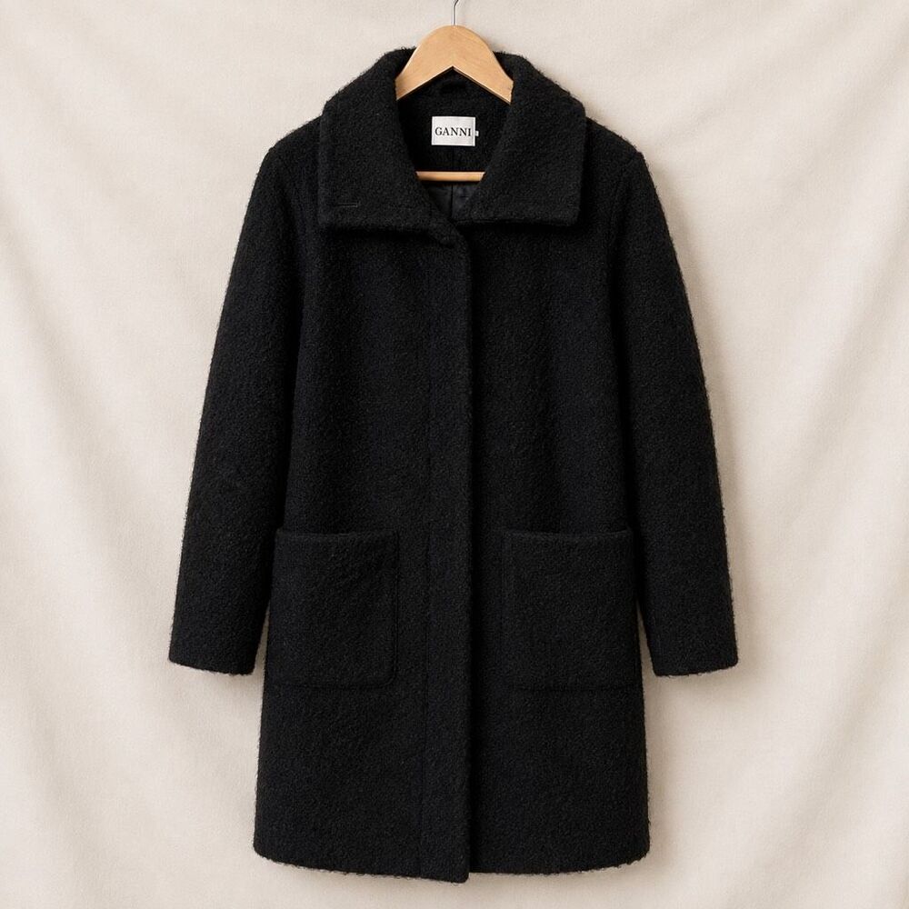 GANNI Black Boucle Wool Blend Long Coat Size M Oversized Minimalist